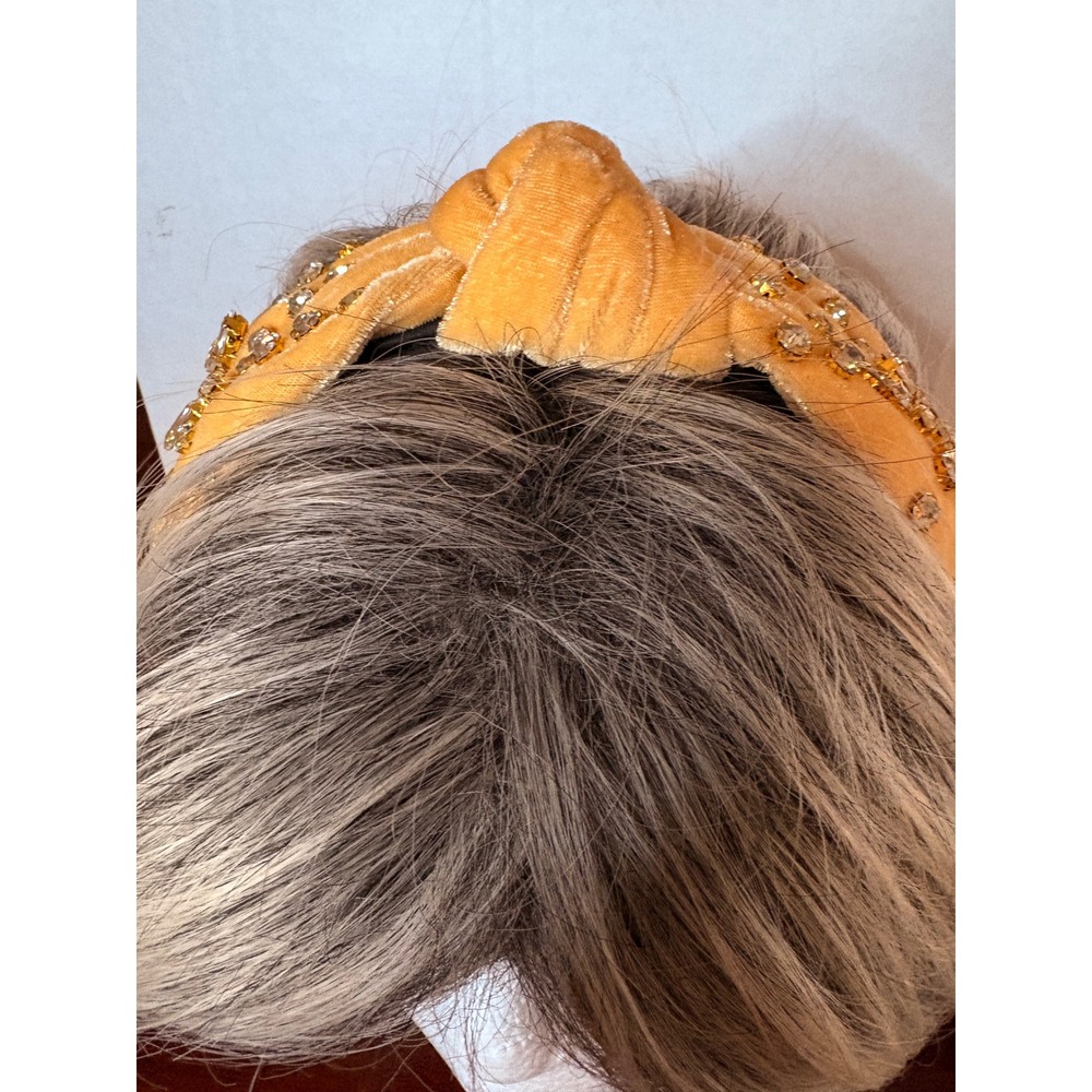 Mustard Yellow Velvet Top Knot Headband Rhinestone Crystal Embellished Statement - Picture 3 of 3